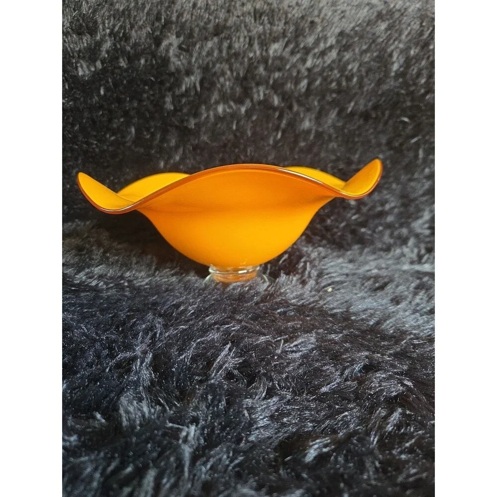 Vtg Teleflora Gift Vibrant Orange Glass Bowl with Ruffled Rim on Clear Pedestal - Picture 6 of 9